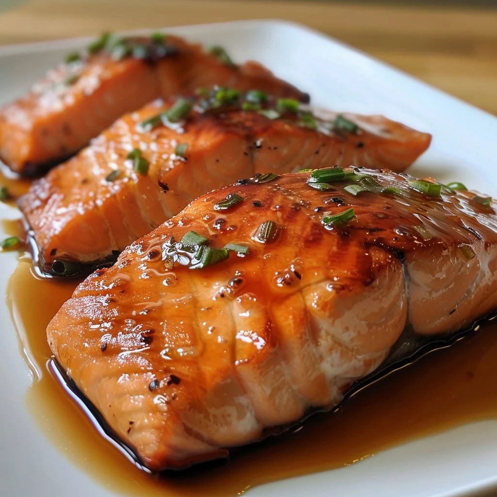 Plate of classic miso-glazed salmon garnished with herbs