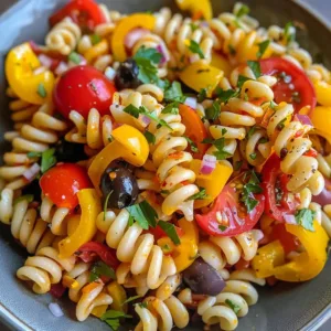 Delicious cold pasta salad with colorful veggies and Italian dressing