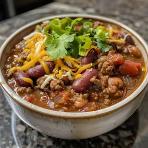 A savory bowl of Cowboy Chili garnished with fresh herbs and served with cornbread.