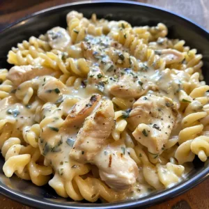 Delicious plate of creamy ranch chicken pasta with herbs and cheese.