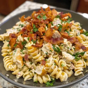Creamy rotini pasta with chicken, bacon, and ranch sauce in a colorful bowl.