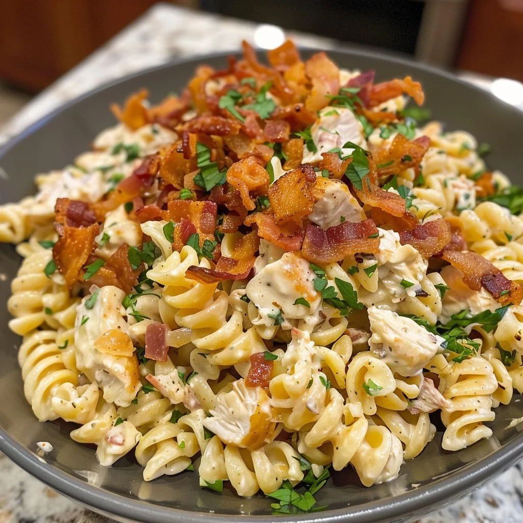 Creamy rotini pasta with chicken, bacon, and ranch sauce in a colorful bowl.