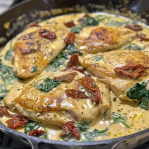 Creamy Tuscan chicken dish with garlic and sun-dried tomatoes