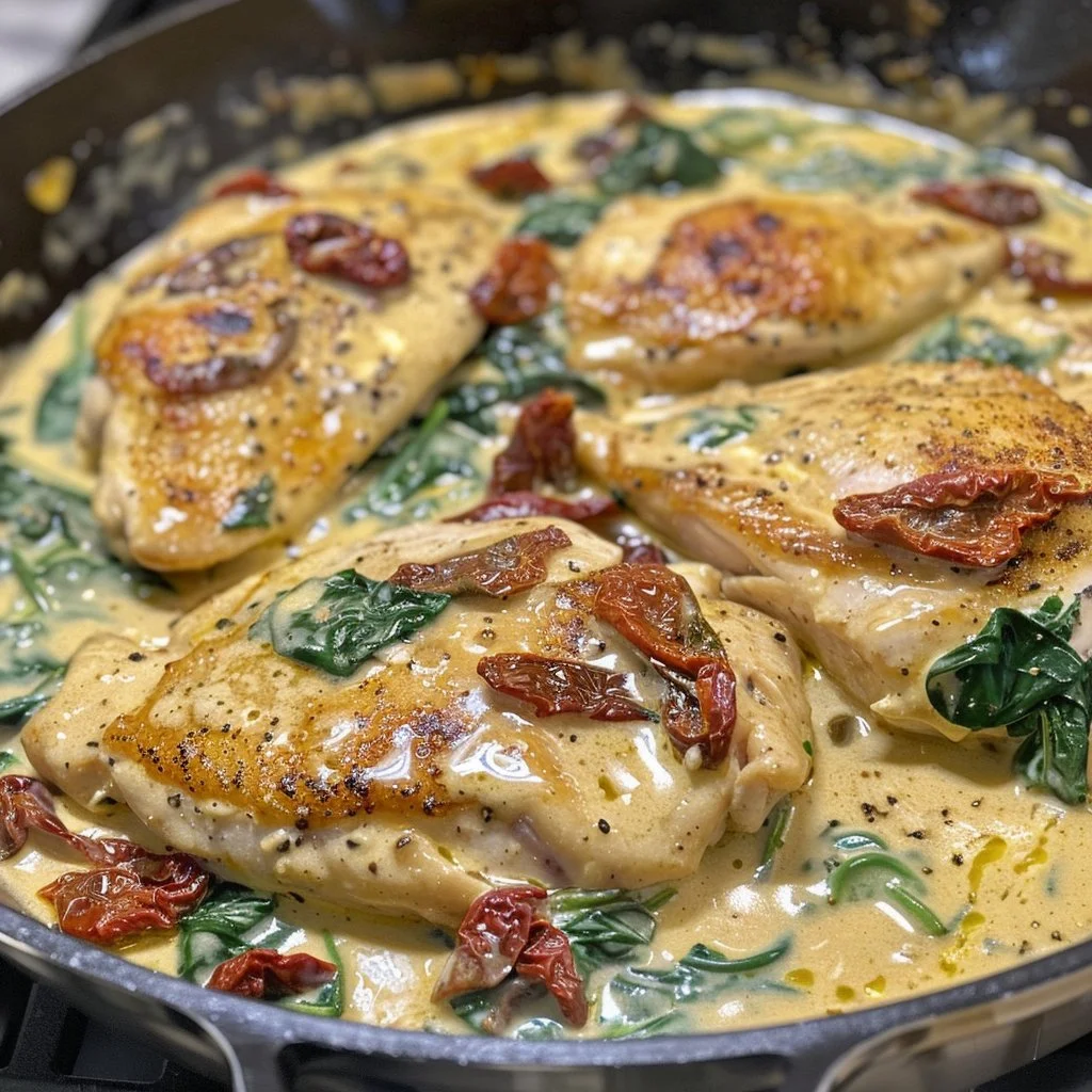 Creamy Tuscan chicken dish with garlic and sun-dried tomatoes