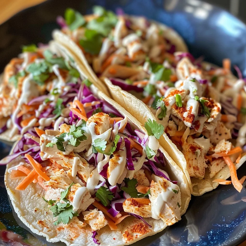 Delicious crispy chicken tacos topped with fresh cabbage