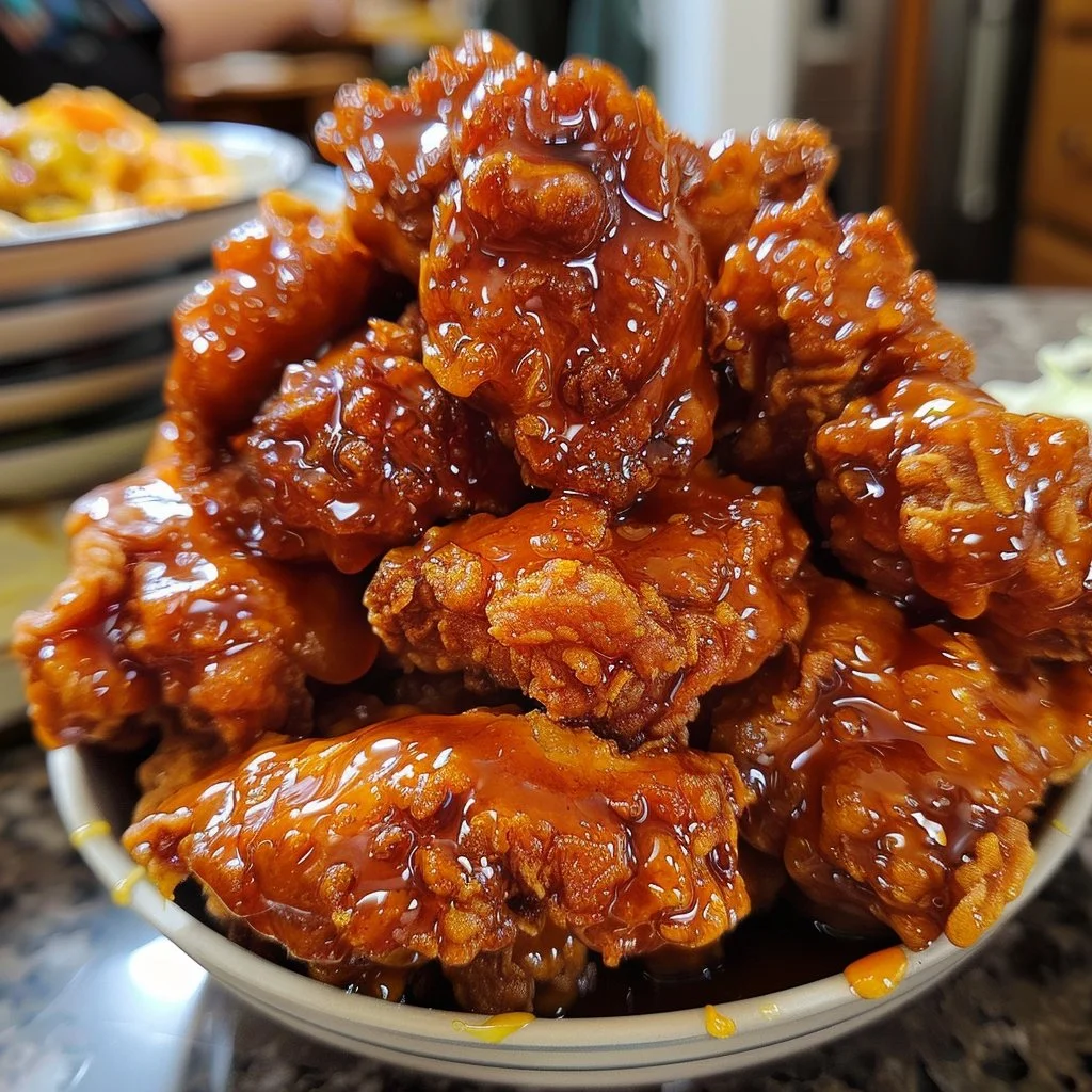 Crispy fried chicken drizzled with hot honey served on a plate