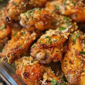 Crispy garlic parmesan wings garnished with parsley on a serving platter.