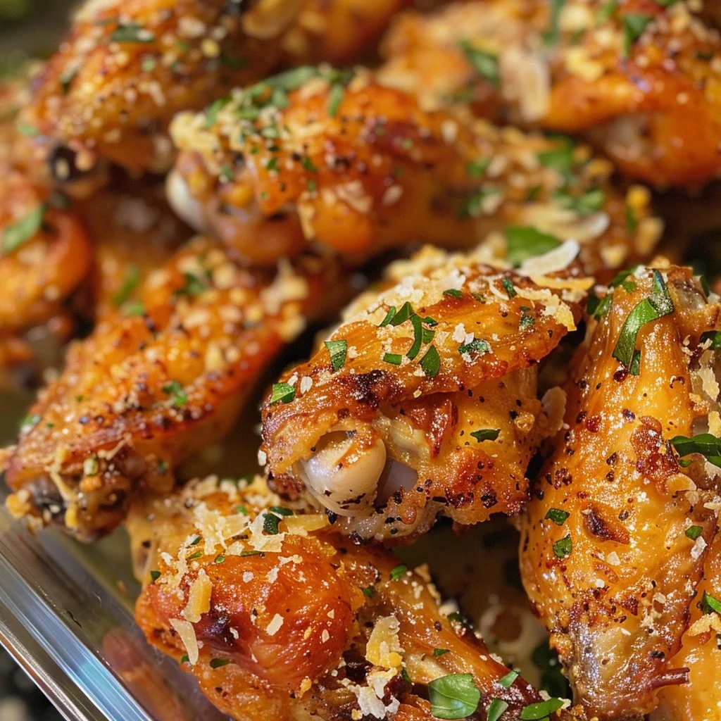 Crispy garlic parmesan wings garnished with parsley on a serving platter.