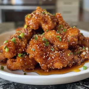 Crispy Honey Garlic Chicken 2 Plate of crispy honey garlic chicken garnished with herbs