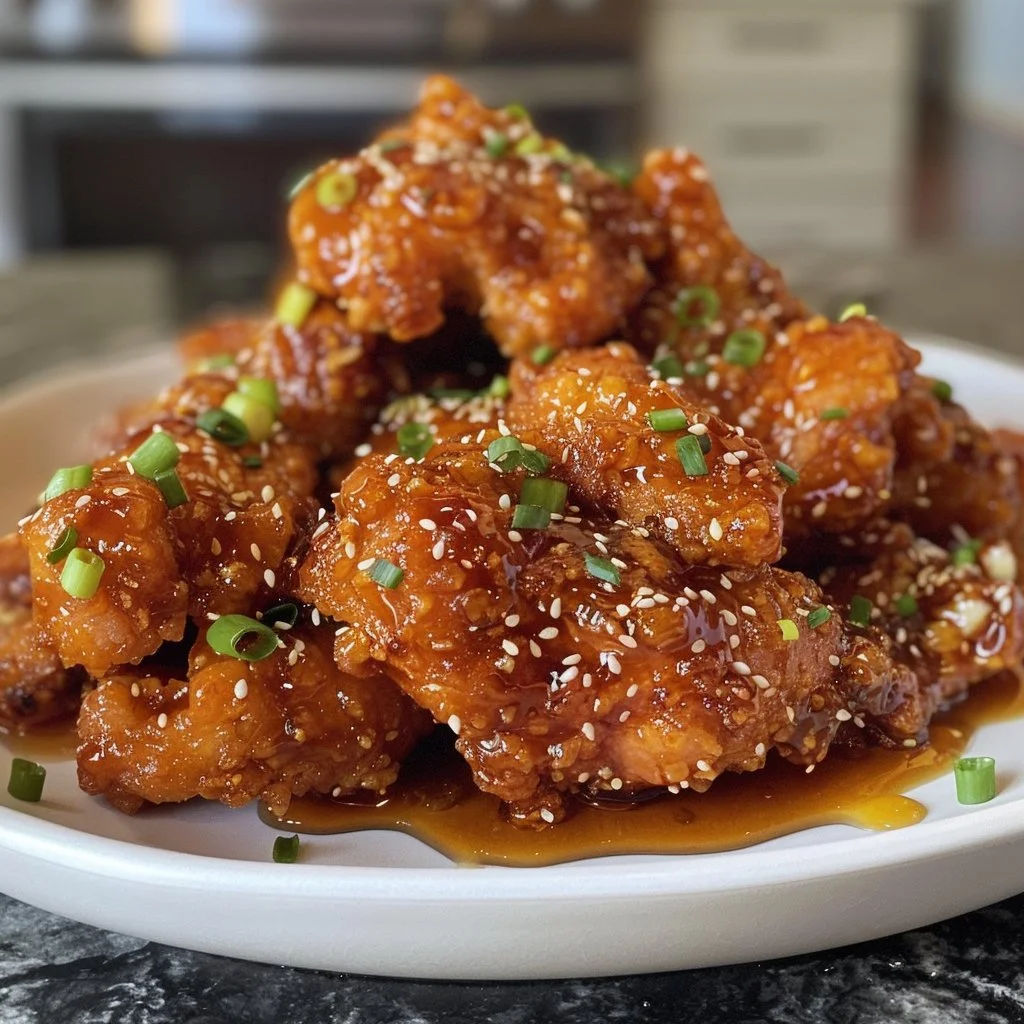 Plate of crispy honey garlic chicken garnished with herbs