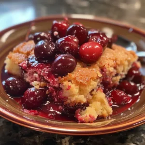 Crockpot Cherry Cobbler 2 Crockpot Cherry Cobbler dessert in a bowl with cherries and crust