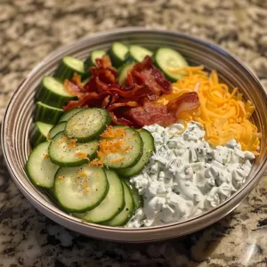 Cucumber Bacon Ranch Salad Recipe 2 Cucumber Bacon Ranch Salad topped with crispy bacon and ranch dressing