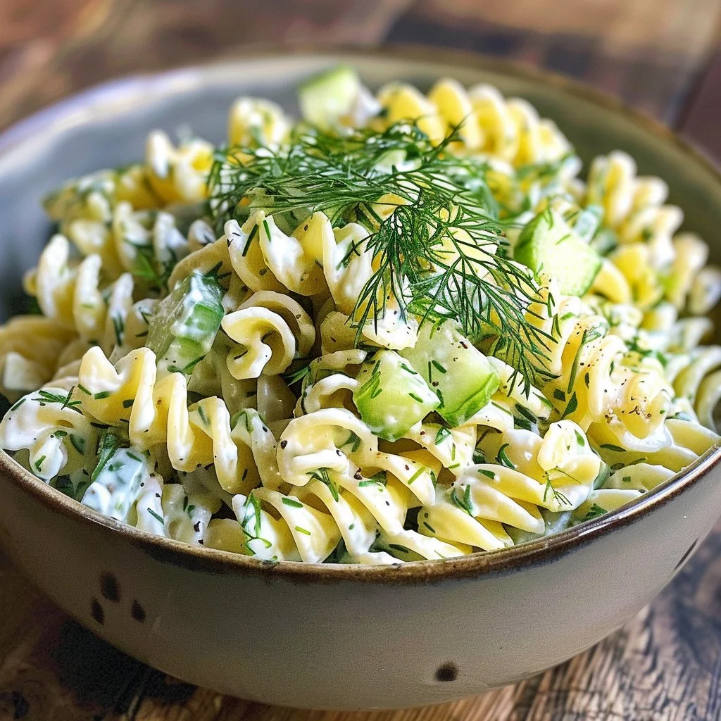 Delicious Dill and Cucumber Pasta Salad served in a bowl.