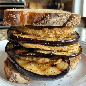 A delicious Eggplant Hummus Sandwich served on a plate, garnished with fresh herbs.