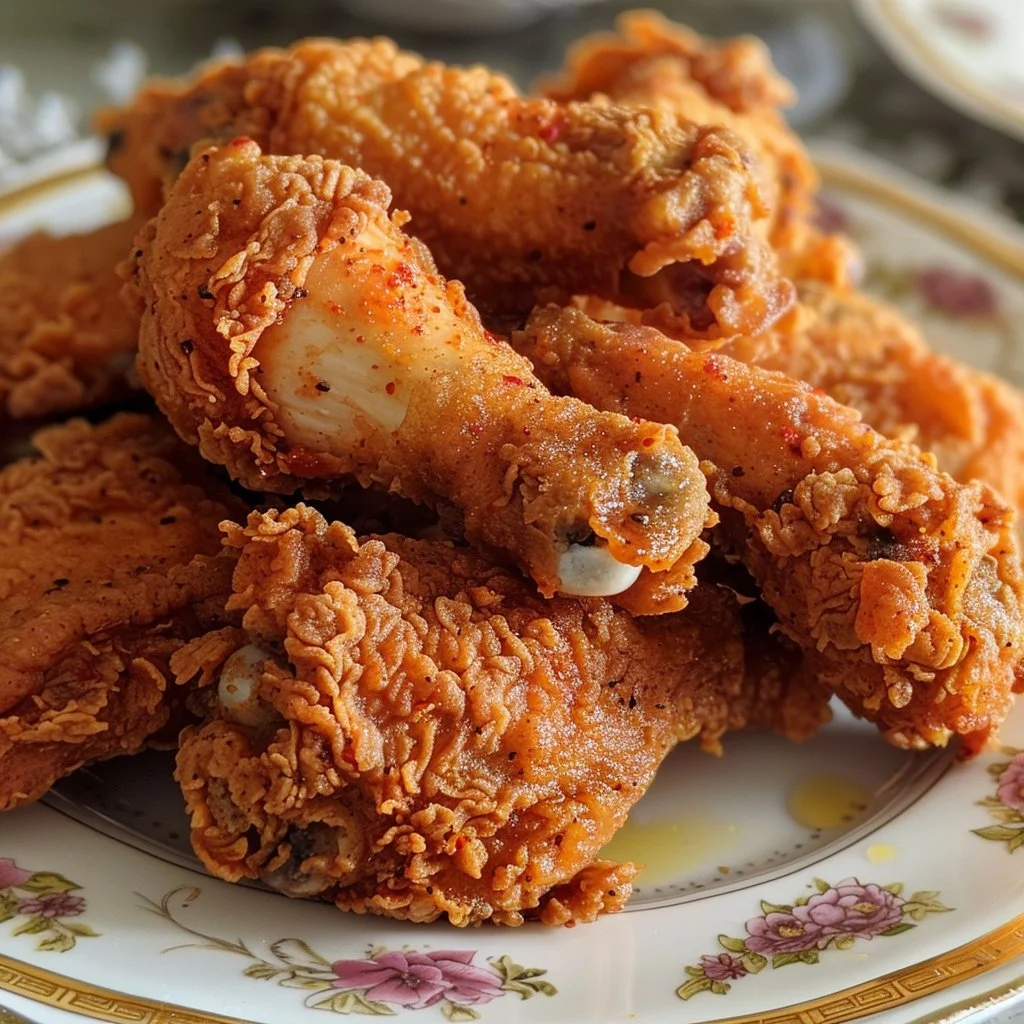 Delicious fiery fried chicken dish plated with sides