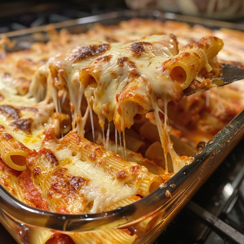Delicious five-cheese baked ziti in a dish, fresh from the oven