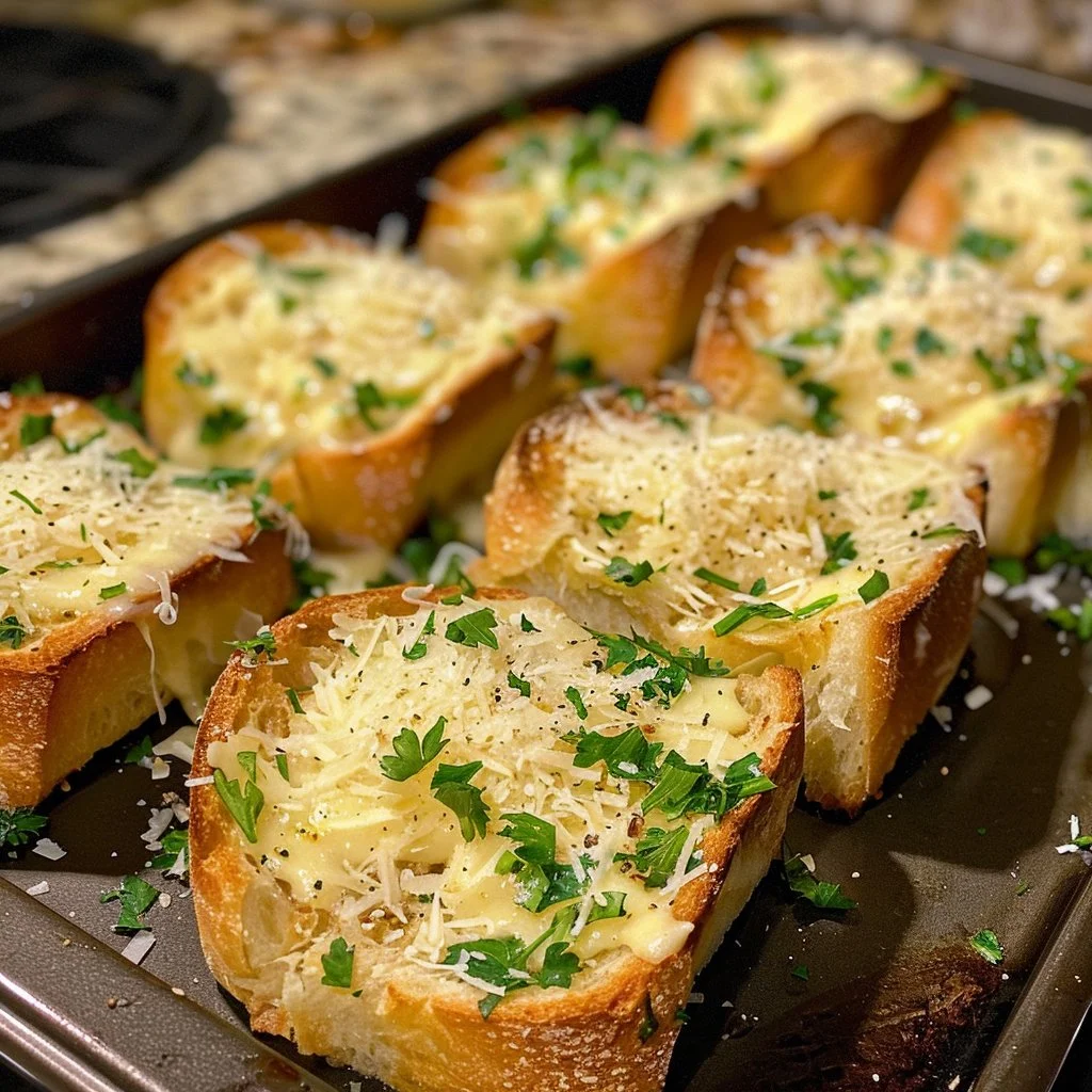Delicious garlic bread fresh out of the oven, ready to serve.