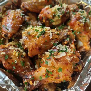 Crispy Garlic Parmesan Wings served on a plate with dipping sauce