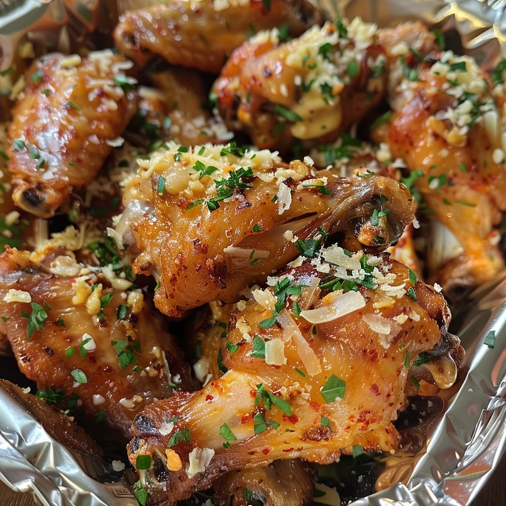Crispy Garlic Parmesan Wings served on a plate with dipping sauce