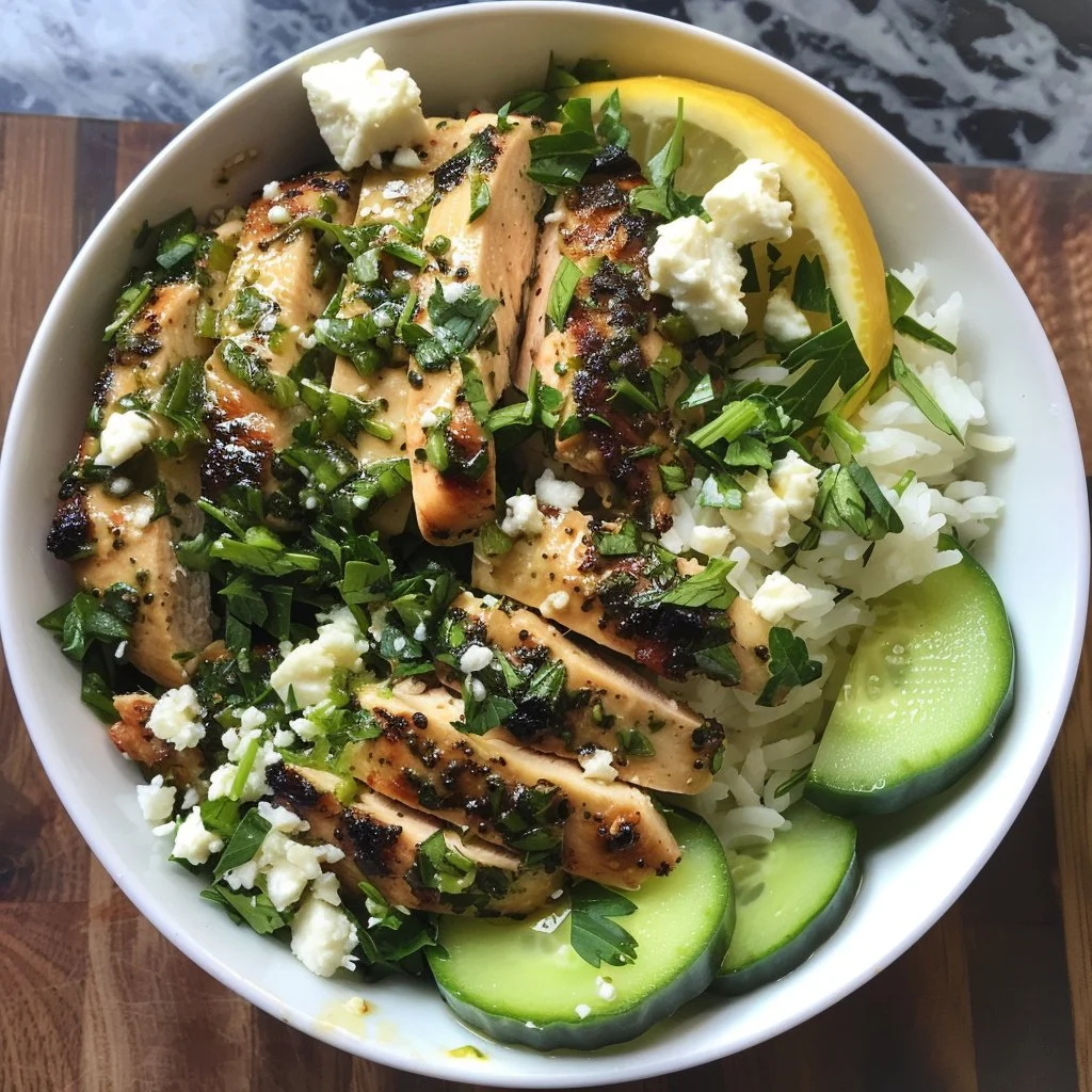 Delicious Greek Chicken Bowl garnished with herbs and lemon.