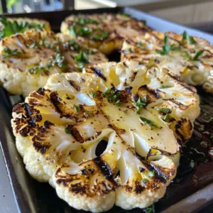 Grilled cauliflower steaks served with herbs and spices on a plate