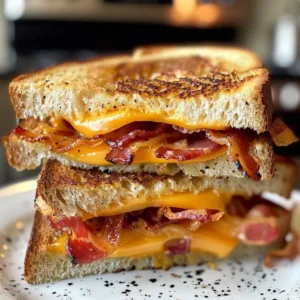 Delicious grilled cheese sandwich with crispy bacon on a plate