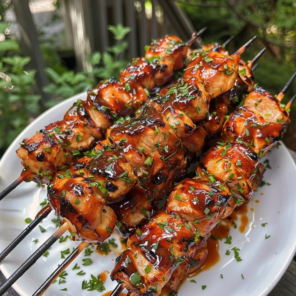 Grilled honey barbecue chicken skewers ready to serve on a plate