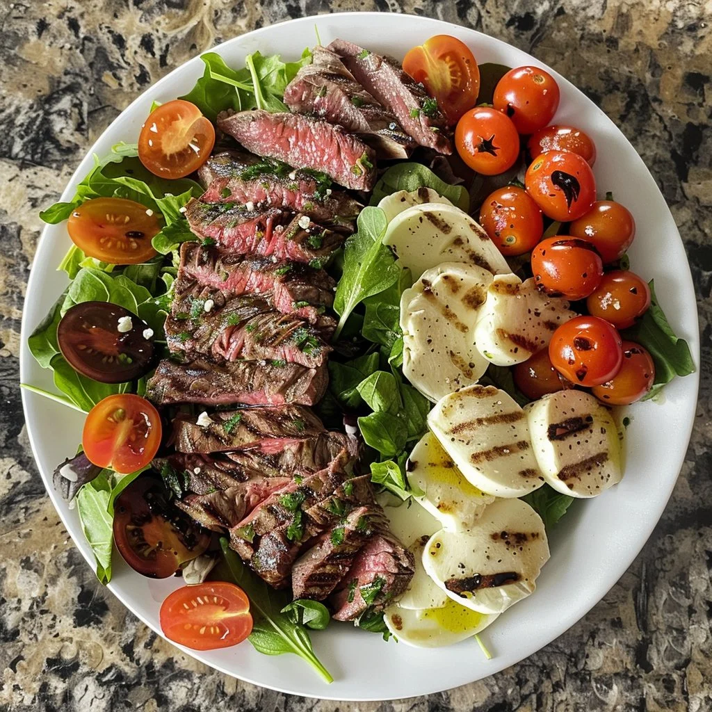 Fresh grilled steak caprese salad with tomatoes and mozzarella