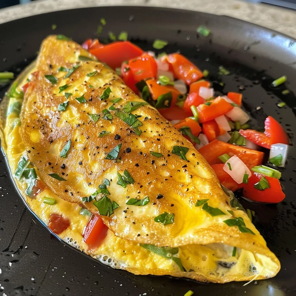 Healthy veggie omelet with fresh vegetables and herbs in a skillet