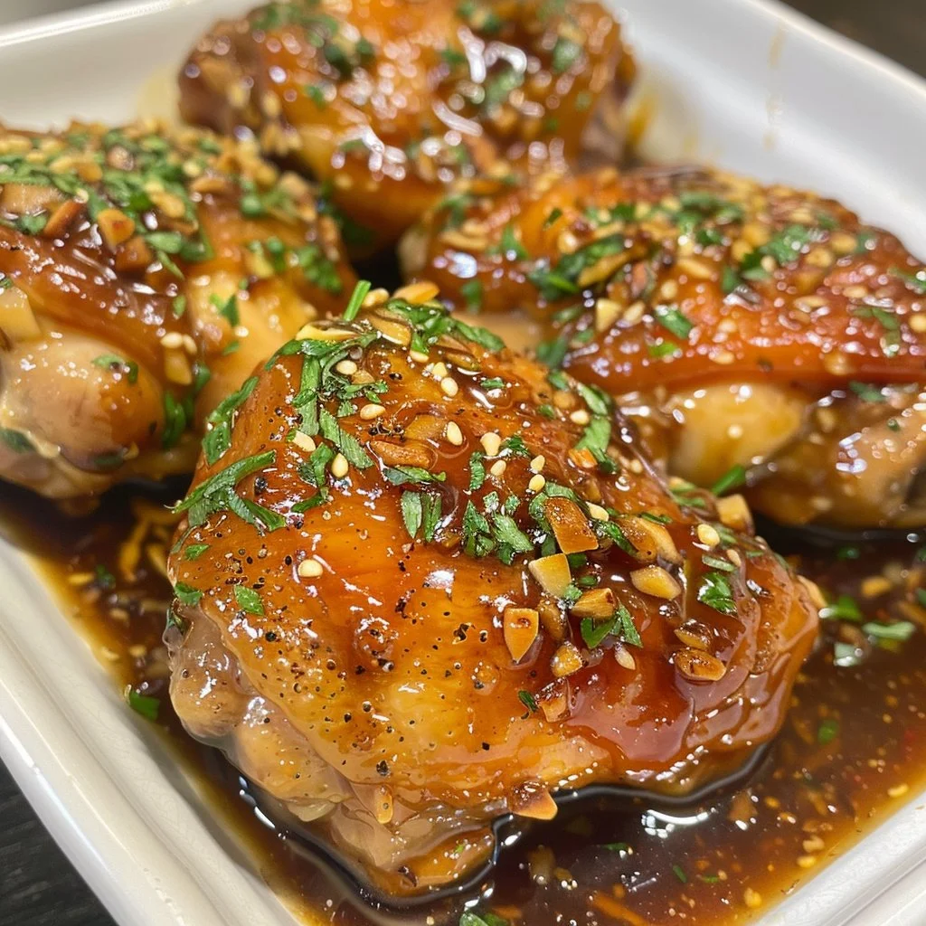 Slow cooker Honey Garlic Chicken Thighs served on a plate