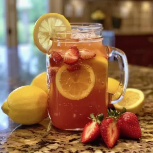 Delicious glass of Honey Strawberry Lemonade garnished with fresh strawberries and lemon slices