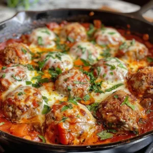 Delicious Italian Turkey Meatball Skillet topped with fresh herbs and sauce