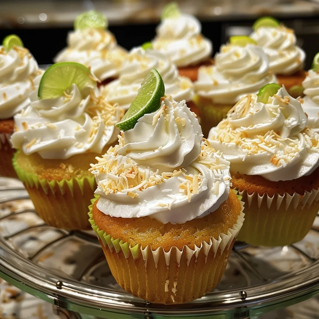 Delicious Key Lime Coconut Cupcakes topped with creamy frosting and lime zest