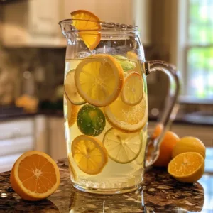 Lemon and Orange infused water in a glass pitcher with fresh fruit slices