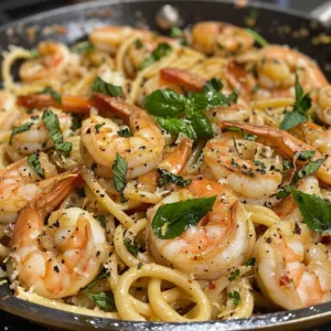 Plate of Lemon Basil Shrimp Pasta garnished with fresh basil and lemon slices.
