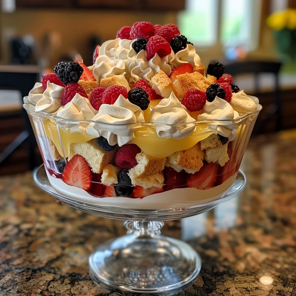 Delicious Lemon Berry Trifle with layers of lemon custard and fresh berries