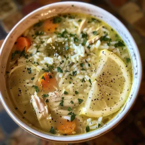 Lemon Chicken Rice Soup with chicken, rice, and fresh lemon garnish