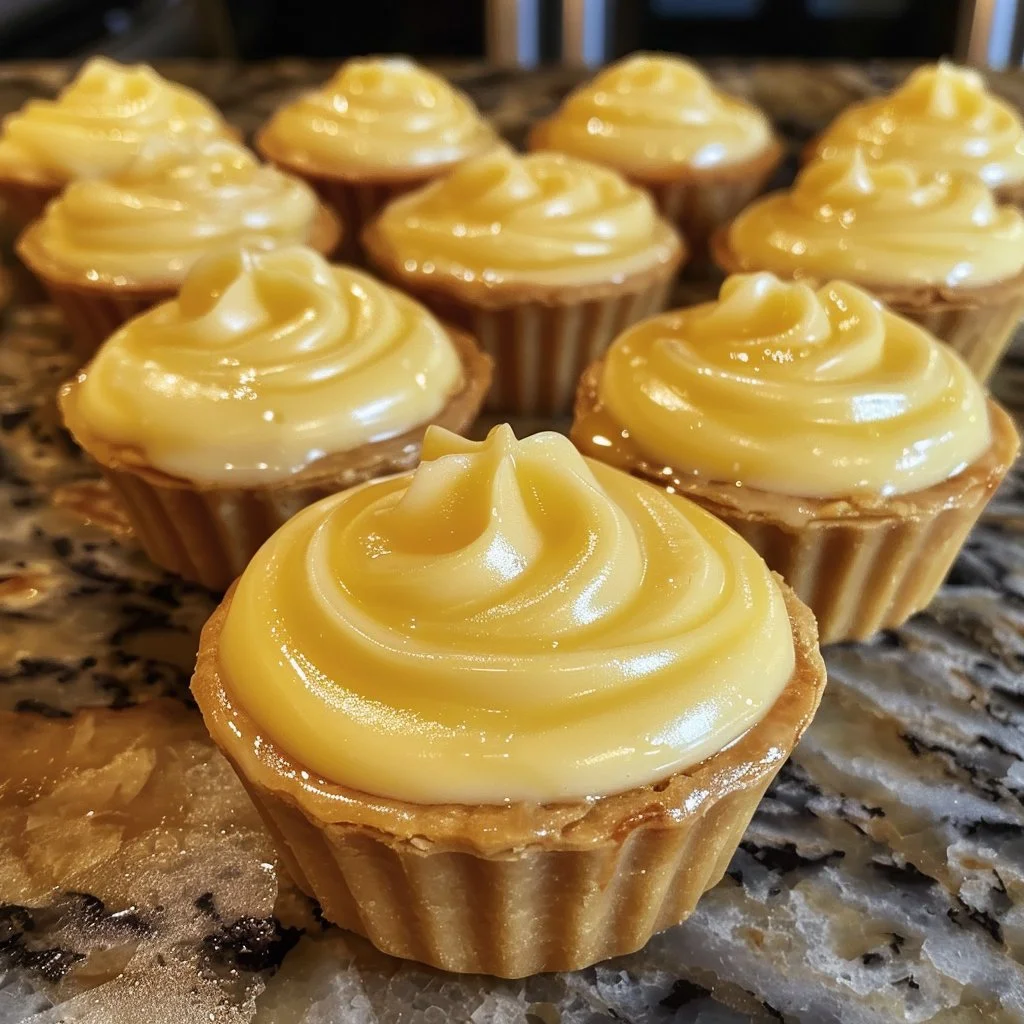 Mini Lemon Cream Pies served on a plate with a lemon garnish.