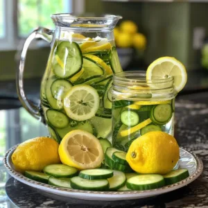 Lemon and cucumber infused water in a glass pitcher with fresh ingredients