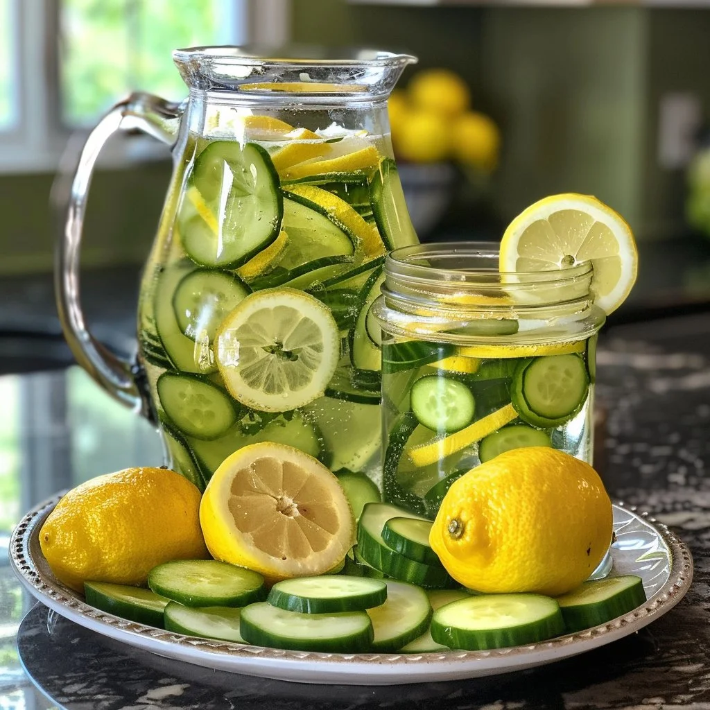 Lemon and cucumber infused water in a glass pitcher with fresh ingredients