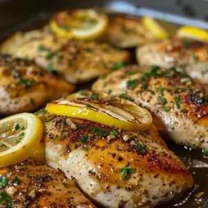 Delicious lemon garlic chicken breasts on a plate with herbs and lemon slices
