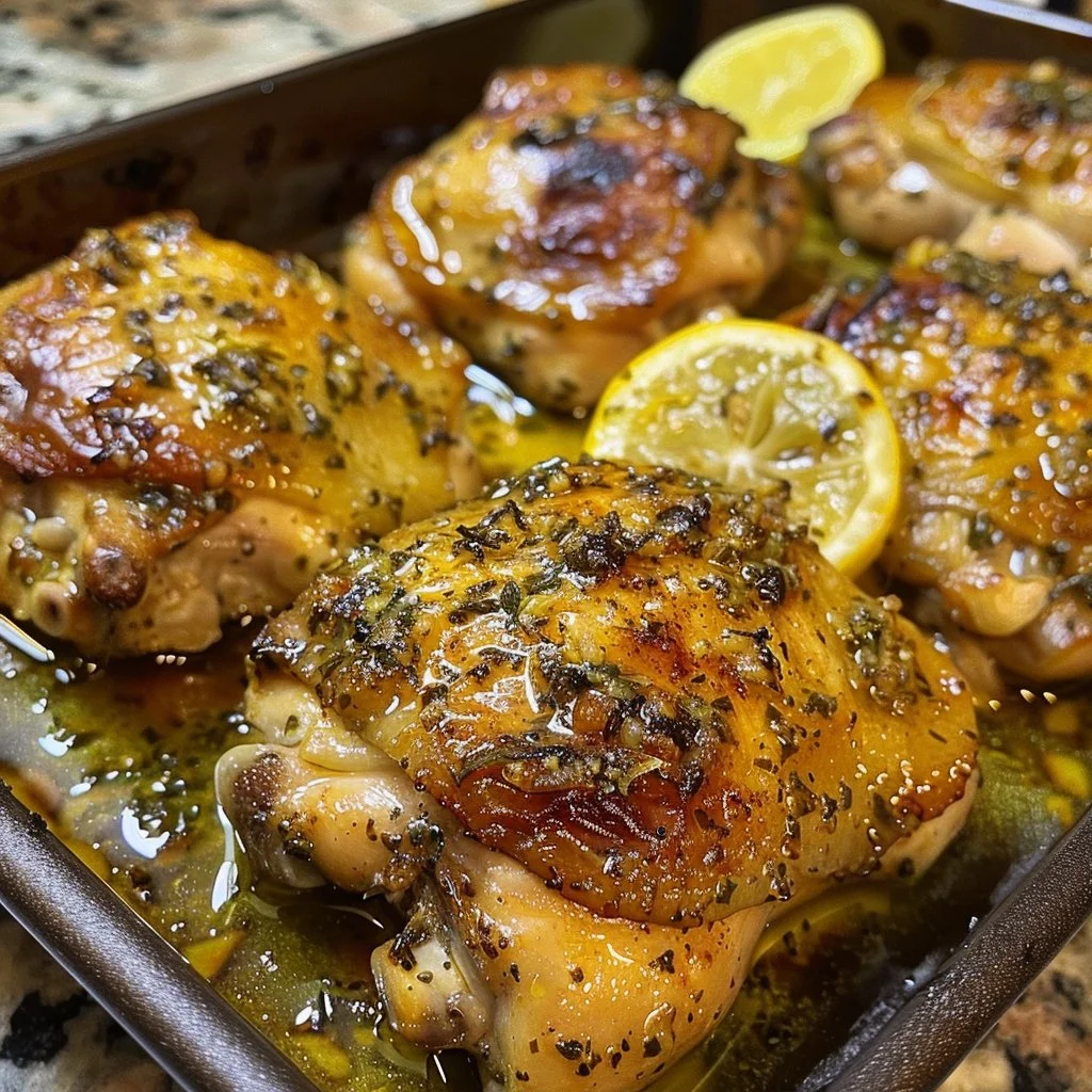 Lemon Garlic Chicken Thighs plated with fresh herbs and lemon slices