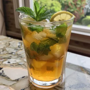 A refreshing glass of Lemon Ginger Mint Kombucha topped with mint leaves.
