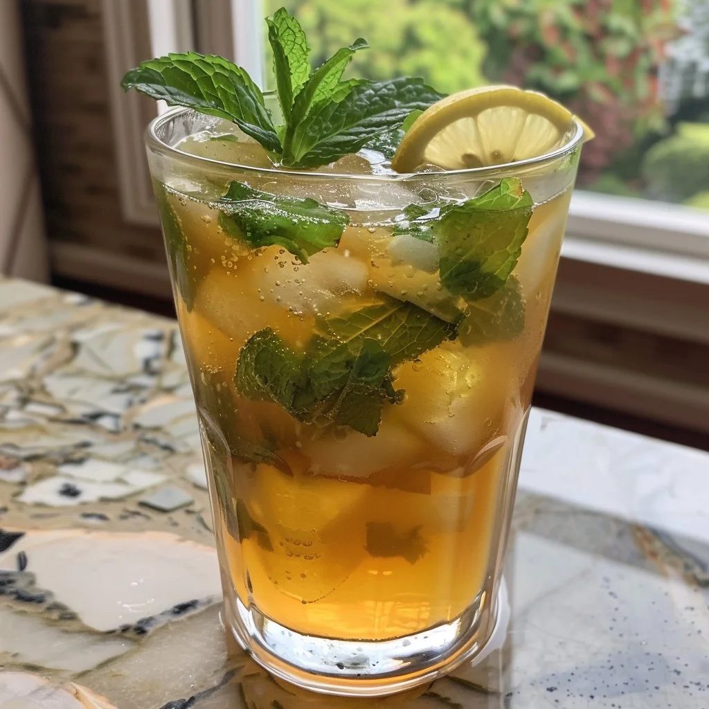 A refreshing glass of Lemon Ginger Mint Kombucha topped with mint leaves.