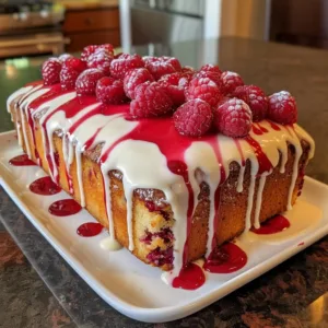 Lemon raspberry drizzle cake topped with fresh raspberries and lemon glaze