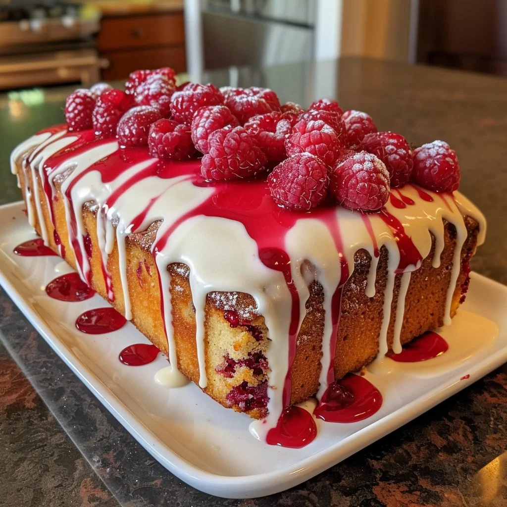 Lemon raspberry drizzle cake topped with fresh raspberries and lemon glaze