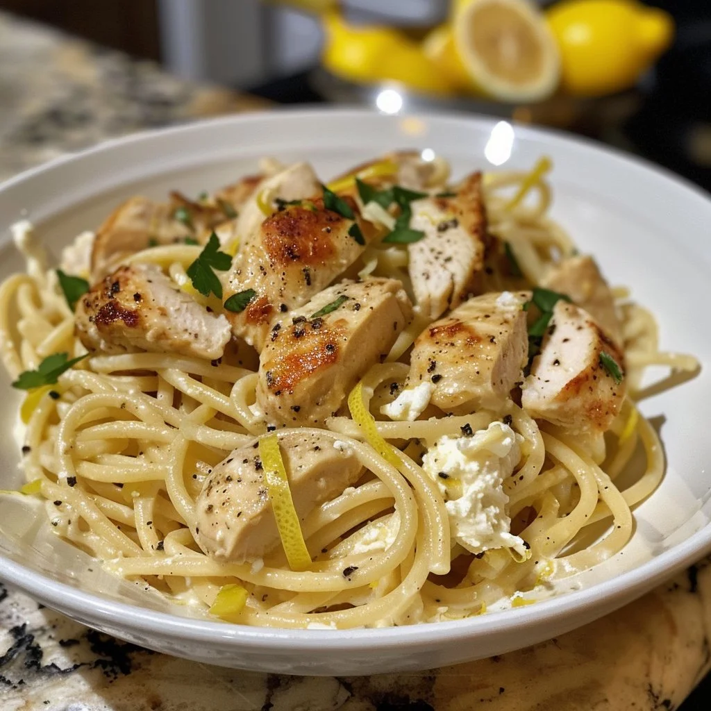 Plate of Lemon Ricotta Pasta with Chicken garnished with fresh herbs