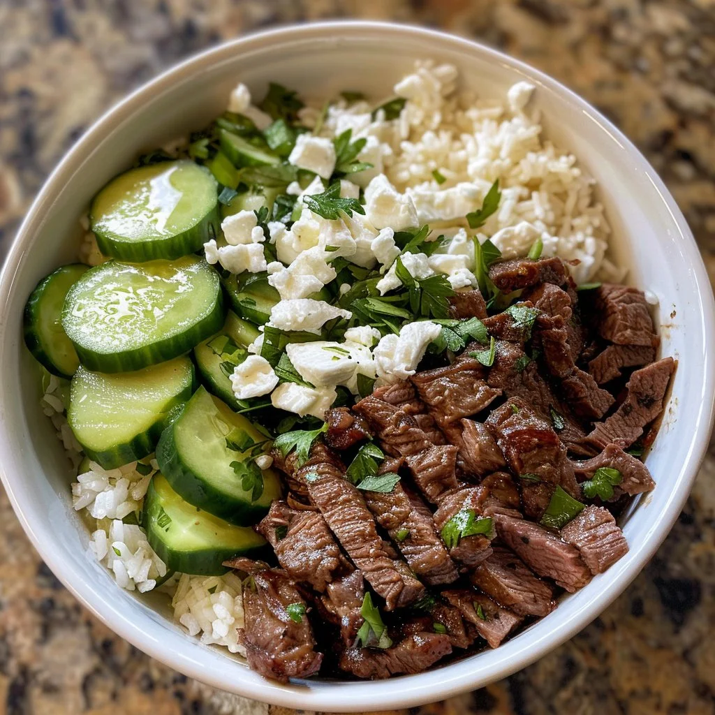 Mediterranean Beef Bowl topped with fresh vegetables and herbs