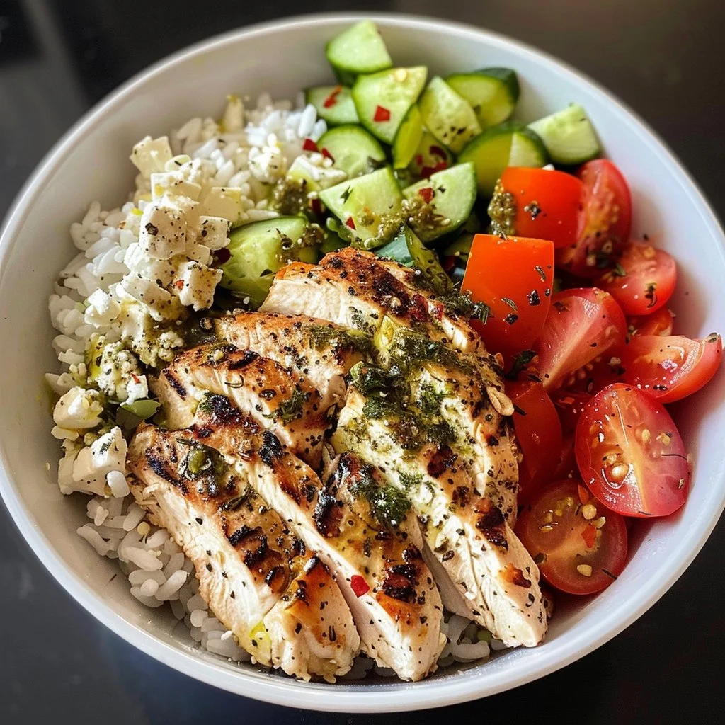 Delicious Mediterranean Chicken Bowl with fresh vegetables and grilled chicken