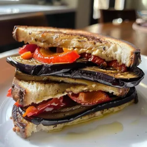 Mediterranean eggplant sandwich with fresh vegetables and herbs